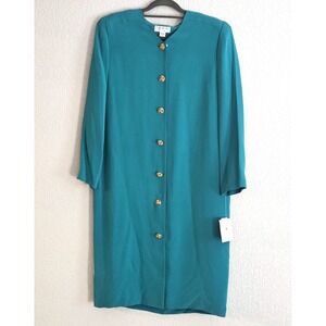 Vintage 80s Shomi 100% Silk Midi Teal Green Dress w Shoulder Pads Size 12